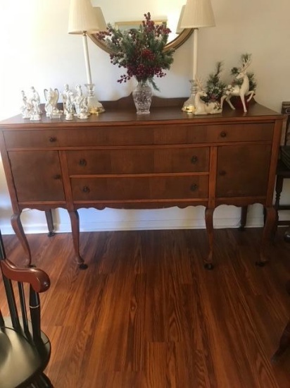 Vintage Fruitwood Sideboard w/Walnut Finish. 42"H x 66"L x 22'D. Rollers on legs.