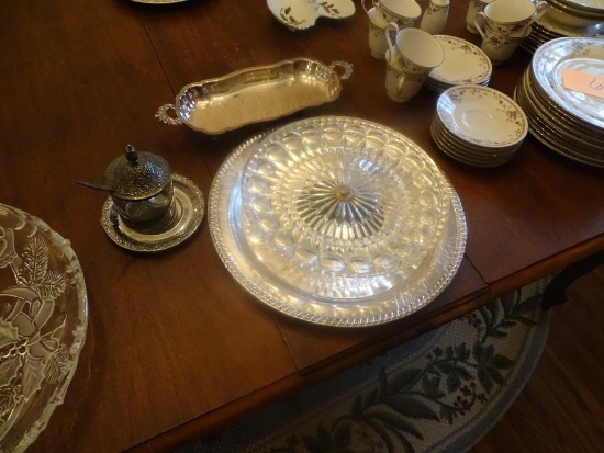 Silver Plate Platter, Oblong dish and Sugar dish w/ footed glass Cake Plate