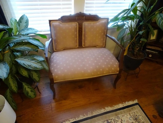 Antique Settee and Chair-Mother of Pearl Inlay-Settee-37"L x 34"H x 24"D. Chair-36""H x 25"W x22"D.