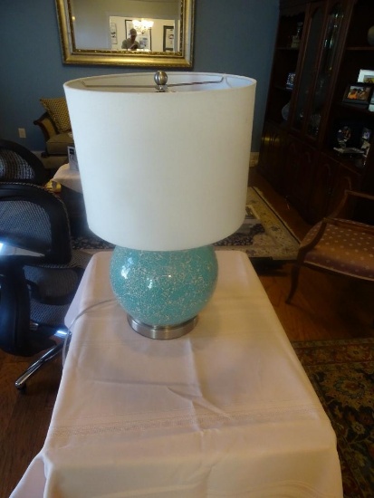 Turquoise base lamp (crackled glass) w/ white shade. 22"H