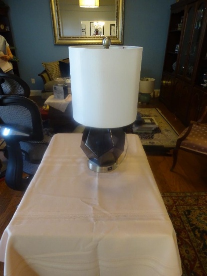 Modern style lamp w/black glass base and white shade. 20"H