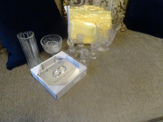 Misc Lot- Glassware, Candlesticks, Wedding album and Tablecloth