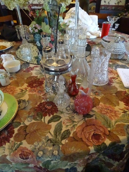 Glass Pitcher, 3 Cruets, Silver Pedestal for Salt/Pepper/Oil/Vinegar, Glass Bird and Vase