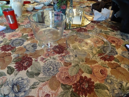 Trifle Bowl on Pedestal Stand w/ Large Round Glass Platter