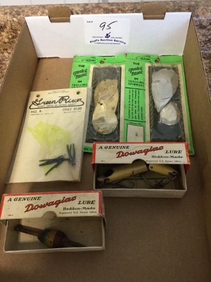 2- Sebago trolling sppons, green river hocks, dowagiao lure and boober (new old stock)