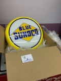 blue sunco glass globe, stickers, hose, retro