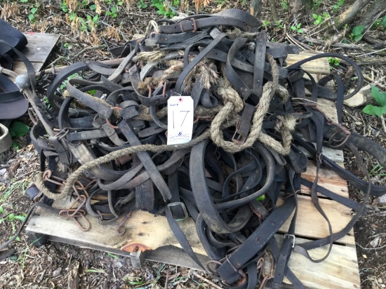 pallet of old bridells and harnesses