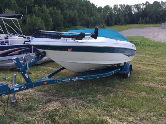 2000 Larson 17' fiberglass ski/fish boat, motor trailer