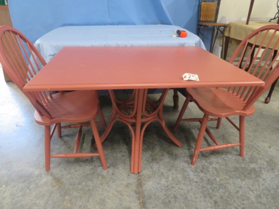 RATTAN TABLE W/ WOOD TOP & 2 CHAIRS