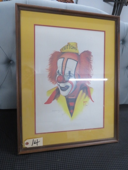 FRAMED CLOWN PRINT BY JIM HOWLE " BUTTONS"