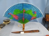 2 PCS. ORIENTAL FAN W/ FLAMINGOS & BAMBOO BASE & WOODEN WALL PC