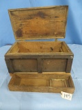 WOODEN TOOL BOX W/ OLD TOOLS, OIL CAN  22
