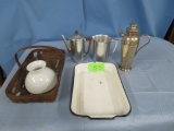 PORCELAIN PAN, BASKET, TEA POTS & PITCHER