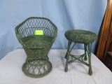 2 PC. GREEN WICKER- CHAIR & STOOL