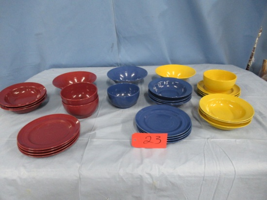28 PCS. "HOME" CHINA SET IN RED, YELLOW & BLUE