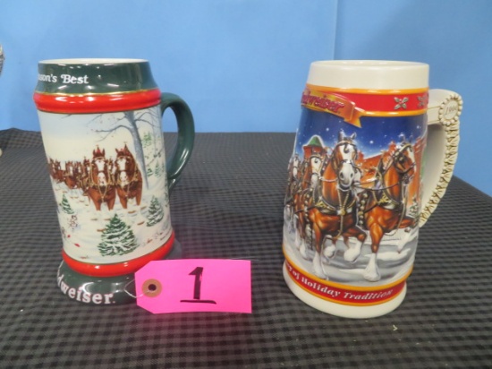 2 christmas budweiser steins 1991 & 1999