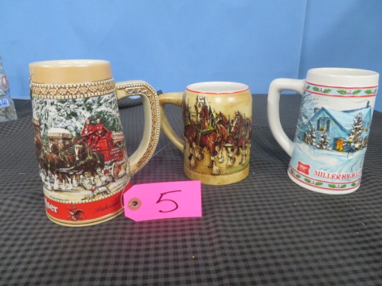 3 STEINS 1- BUDWEISER C SERIES 2- LIMITED EDITION MILLER, 3- CERAMARTE BRAZIL