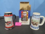 2 HOLIDAY STEINS 1- 1995 BUDWEISER W/ BOX & 1992