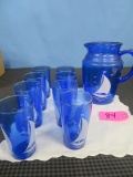 COBALT BLUE SAILBOAT PITCHER & 8 GLASSES