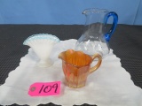 3 PCS. GLASS, FENTON, CARNIVAL CUP & ETCHED PITCHER