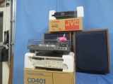 2 JVC SPEAKERS, SYNTHESIZER, STEREO RECEIVER, TURN TABLE, HARMANKARDON CASSETTE PLAYER BY SONY