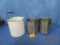 2 STAINLESS POTS & PORCELAIN CONTAINER
