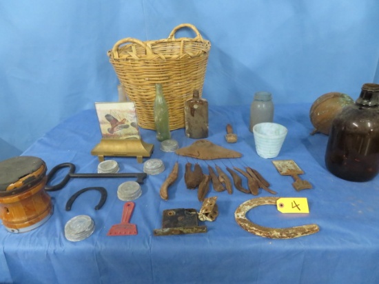 LOT OF BLUE JARS, HORSE SHOES, ICE SCRAPER, BOTTLES AND MISC.