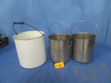 2 STAINLESS POTS & PORCELAIN CONTAINER