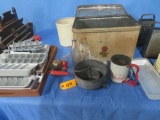 MISC. KITCHEN UTENSILS, CHOPPER, GRATERS, SIFTER, ICE TRAYS, MISC.
