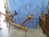 OLD WOODEN SPINNING WHEEL W/ REPAIRED WHEEL