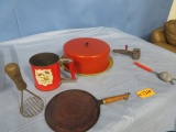 METAL CAKE CONTAINER, SIFTER, GRATER, MASHER, MISC. UTENSILS