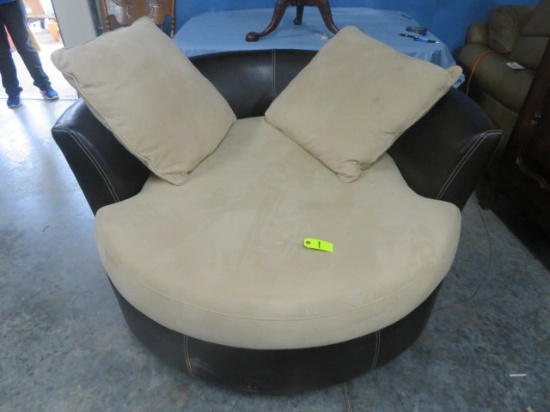 LARGE ROUND LEATHER CHAIR W/ 2 PILLOWS-  57" ACROSS