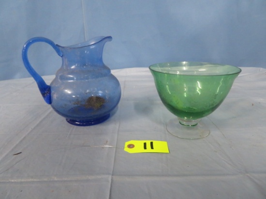 BLUE PITCHER & GREEN GLASS BOWL