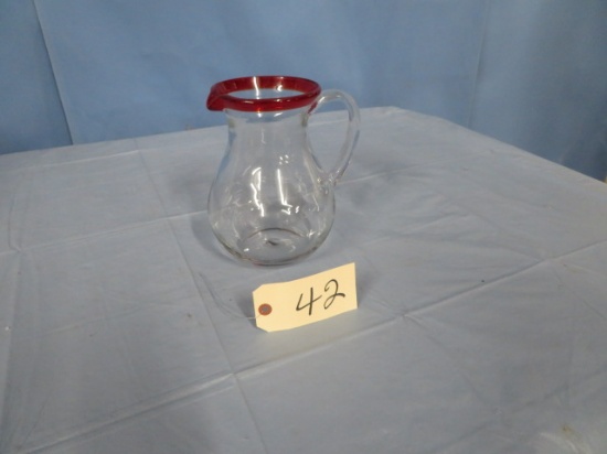 GLASS PITCHER  W/ CRANBERRY TRIM -  9 " T