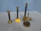 3 BRASS CANDLE HOLDERS AND BRASS CAROSEL HORSE