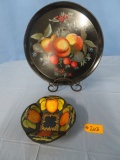 ROUND HAND PAINTED TRAY ON STAND AND SMALL METAL BOWL