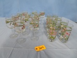 20 PCS. WINE & WATER GLASSES W/ HAND PAINTED FLOWERS