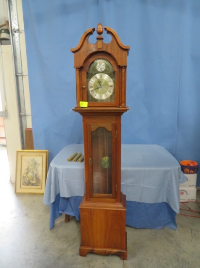 WALNUT GRANDFATHER CLOCK  W/ WEIGHTS AND PENDELUM AND KEY