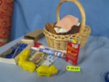 Basket of misc. wooden pcs, advertising pcs, silverware, linens
