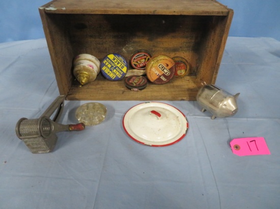 OLD WOODEN BOX W/ VINTAGE SHOE POLISH TINS