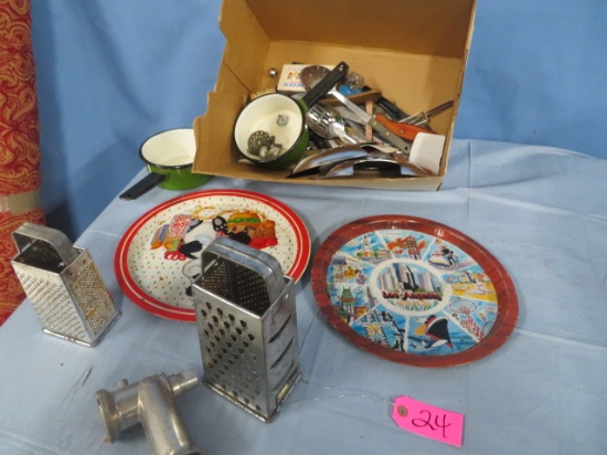 BOX OF KITCHEN UTENSILS, POTS, GRATER, ETC.