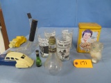 CLEVELAND PRESS GLASSES, TOLL HOUSE TIN, AVON PCS, MISC.