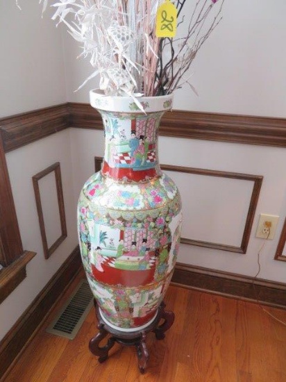 TALL ORIENTAL VASE 32" T AND WOODEN STAND