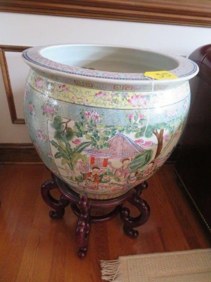 LARGE ORIENTAL URN W/ HAND PAINTED GOLDFISH INSIDE & WOODEN STAND