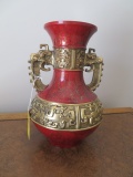 HEAVY RED ORIENTAL VASE W/ GOLD ORNATE TRIM  12