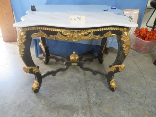 ORNATE BLACK CONSOLE TABLES W/ GOLD TRIM AND MARBLE TOPS  30 T X 44 W X 28D