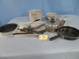 MISC. POTS AND PANS WITH KITCHEN UTENSILS