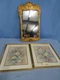 GOLD MIRROR & 2 FRAMED PRINTS