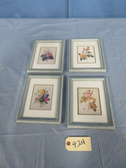 4 FLORAL PRINTS IN SHABBY FRAMES  9 X 7