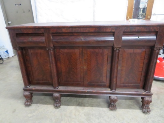 ORNATE BURL WALNUT BUFFET W/ CLAW FEET- PART OF CLAW IS OFF BUT WE HAVE THE PIECE